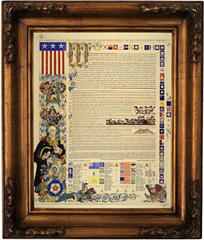 May include: A framed print of the Declaration of Independence with a decorative border. The text of the document is surrounded by illustrations of people, flags, and symbols. The print is in a gold frame.