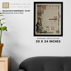 May include: A framed print of the Declaration of Independence illustrated by Arthur Szyk. The print is surrounded by a decorative border featuring stars, flowers, and other symbols. The print is 20 inches by 24 inches.