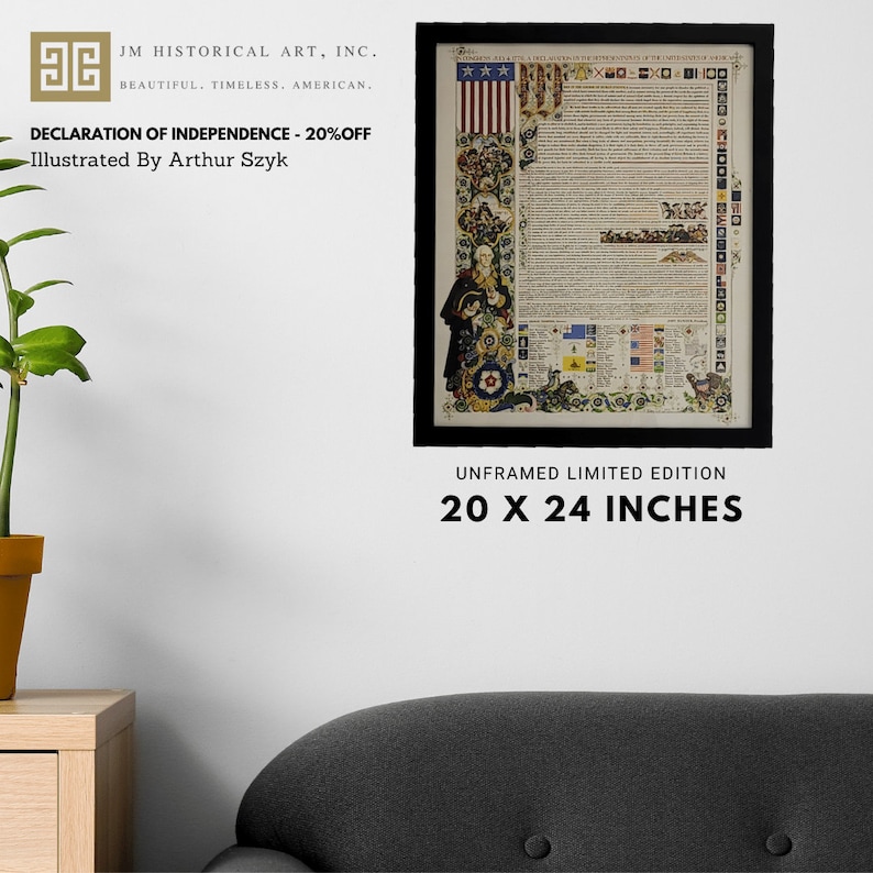 May include: A framed print of the Declaration of Independence illustrated by Arthur Szyk. The print is surrounded by a decorative border featuring stars, flowers, and other symbols. The print is 20 inches by 24 inches.