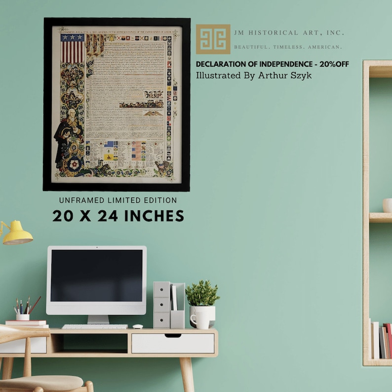 May include: A framed print of the Declaration of Independence illustrated by Arthur Szyk. The print is in a black frame and has a white background. The text "DECLARATION OF INDEPENDENCE - 20%OFF" is printed in black at the top of the frame. The text "Illustrated By Arthur Szyk" is printed in black below the title. The print is 20 inches by 24 inches.