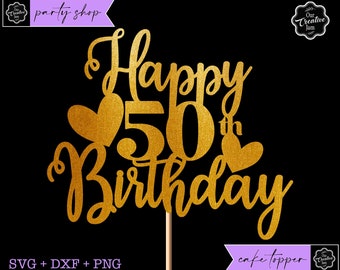 May include: Gold glitter cake topper with the text "Happy 50th Birthday" and two hearts. The topper is on a black background.