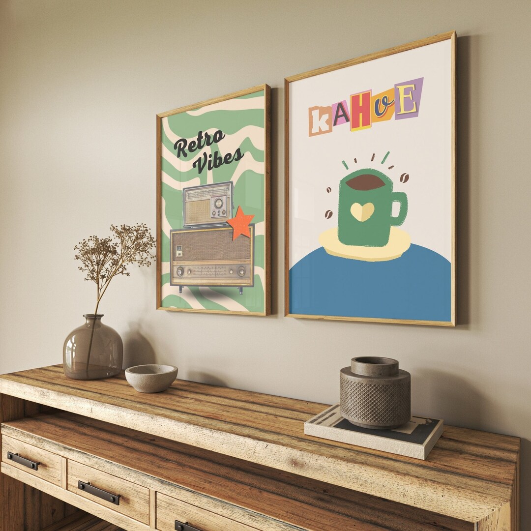 Trendy Retro Wall Art Set of 2, 70s Psychedelic Print, Radio Vibes Wall