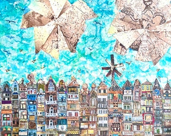 Windmills in the Sky (Original Cut Paper Collage)