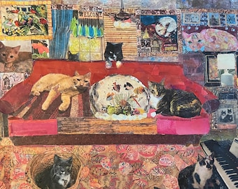 On a Sunday Afternoon  -  Original Cut Paper/Mixed Media Collage (One of a Kind!)