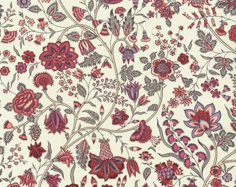 Textiles français Les Fleurs d’Inde Tissu 100% Coton 140cm de large Rouge/Lavande