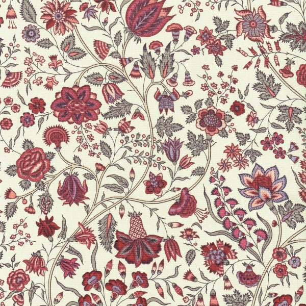 Textiles français Les Fleurs d’Inde Fabric 100% Cotton 140cm wide Red/Lavender