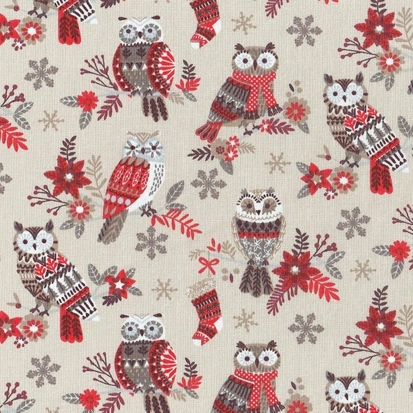 Textilien Français The Festive Owls Stoff (Beige/Rot)