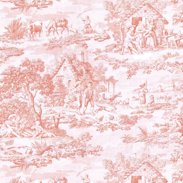 Textiles français Toile de Jouy Fabric (Oberkampf) Soft Rose and Dusty Pink - 280 cm wide