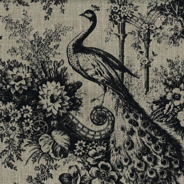 Textiles français 100% Linen Peacock Designer Print fabric - Black