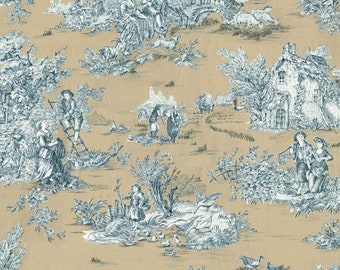 Textiles français Tissu Toile de Jouy (La Grande Vie Rustique) Beige Doré - 280 cm de large