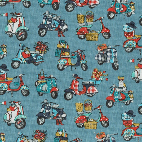 Textiles français Scooter Italiano fabric - Multicolour on Blue Grey 100% Cotton