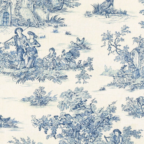 Textiles français Toile de Jouy Fabric (La Grande Vie Rustique) Blue - 280 cm wide