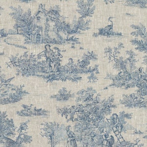 Textiles français Toile de Jouy LINEN Fabric (La Grande Vie Rustique) Blue