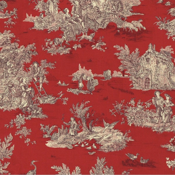 Textiles english Tissu Toile de Jouy (La Grande Vie Rustique) Bordeaux Rouge - 280 cm de large