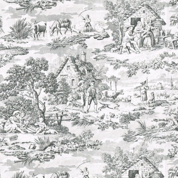 Textiles français Toile de Jouy Tissu (Oberkampf) Gris Anthracite - 280 cm de large