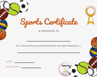 Printbaar sportcertificaat voor kinderen, digitale download, direct te downloaden als PDF- en PNG-bestand om gemakkelijk af te drukken.