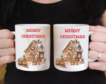 Merry Christmas Gingerbread House Mug, Festive Beverage Cup for All Ages