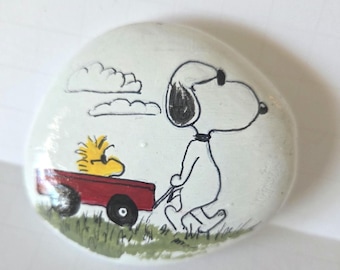 Handpainted rock: Snoopy Red wagon Classic cartoon collectibles