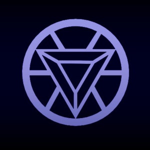 May include: A blue and black Iron Man symbol with a triangular shape in the center.