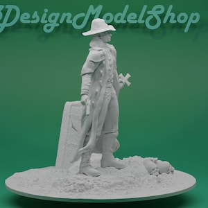 May include: A white 3D printed miniature of a figure wearing a long coat and a hat, holding a cross and a gun. The figure is standing on a base with a tombstone and skulls.