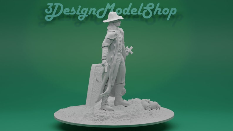 May include: A white 3D printed miniature of a figure wearing a long coat and a hat, holding a cross and a gun. The figure is standing on a base with a tombstone and skulls.