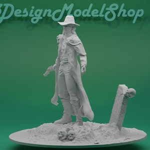 May include: A 3D printed figurine of a character wearing a long coat and a hat, holding a gun. The figurine is standing on a base with skulls and a tombstone.
