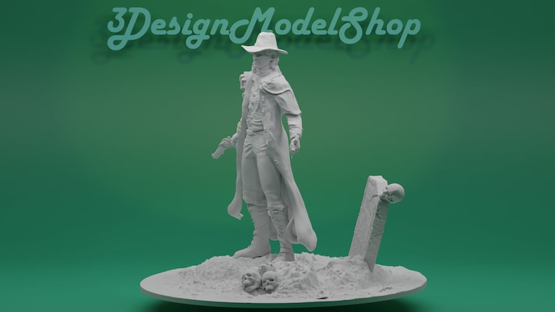 May include: A 3D printed figurine of a character wearing a long coat and a hat, holding a gun. The figurine is standing on a base with skulls and a tombstone.