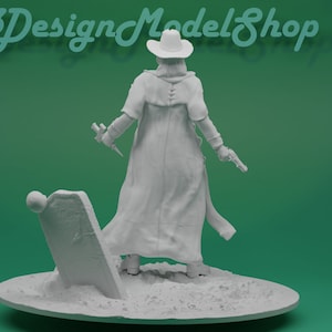 May include: White 3D printed figurine of a person wearing a long coat and a cowboy hat, holding a gun in one hand and a knife in the other. The figurine is standing on a base with a tombstone.