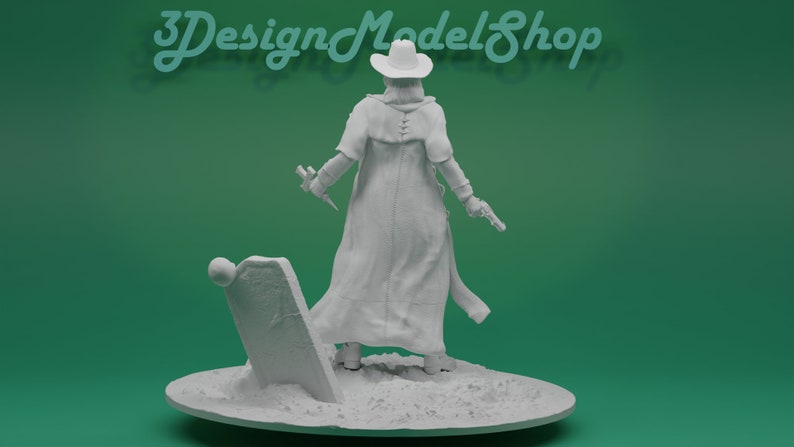 May include: White 3D printed figurine of a person wearing a long coat and a cowboy hat, holding a gun in one hand and a knife in the other. The figurine is standing on a base with a tombstone.