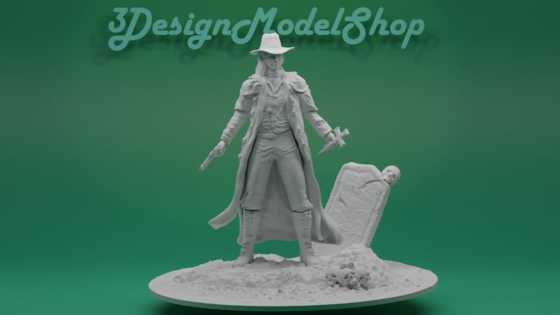 May include: A 3D printed figurine of a character wearing a long coat and hat, holding a weapon and standing near a tombstone. The figurine is painted in a light gray color and is set on a base with a textured surface.