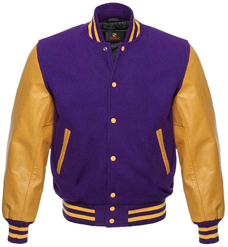 Varsity Bomber Letterman Retro Purple Wool & Gold Real Leather - Etsy