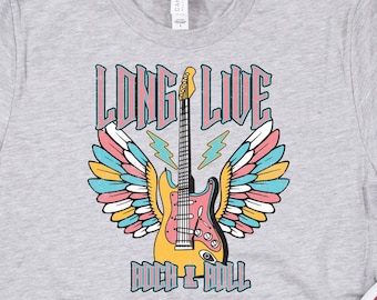 Lang leve Rock And Roll Angel Wings Gitaar Unisex Crew Neck T-shirt, Retro Gitaar T-shirt, Rock And Roll Lover T-shirt, Muziekcadeau T-shirt