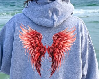 Red Angel Wings, Angel Wings Hoodie, Whimsical Hoodie, Ombre Angel Wings Heavy Blend Hooded Sweatshirt, Wings Hoodie, Trendy Hoodie, VSCO