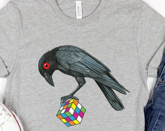 Krähe T-Shirt: Rabe mit Zauberwürfel, Vogelpfleger Geschenk
