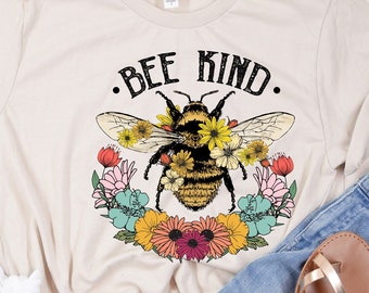 Bee Kind Flower Crown Graphic Crew Neck T-shirt, Be Kind Tee, Motivational T-shirt, Gardener Gift, Flower Lover Gift, Inspirational Shirt