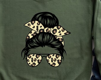 Leoparden Print Messy Bun Sweatshirt, Geparden Mom Shirt