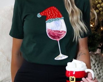 Women's Christmas Blouse With Red Wine Glass Santa Hat