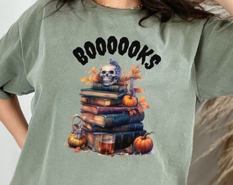 Halloween Shirt, Comfort Colors, Book Lover, Spooky Season, Stacked Books Shirt, Scary Pumpkin Tee, Skull Tee, Halloween Tee, Gift For Her,