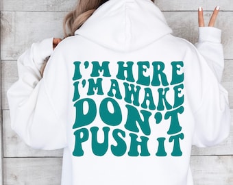 I'm Here I'm Awake Don't Push It Hoodie, VSCO Hoodie, Funny Sarcastic Hoodie, Funny School, Funny Office Shirt, Preppy Hoodie, Cute Hoodie