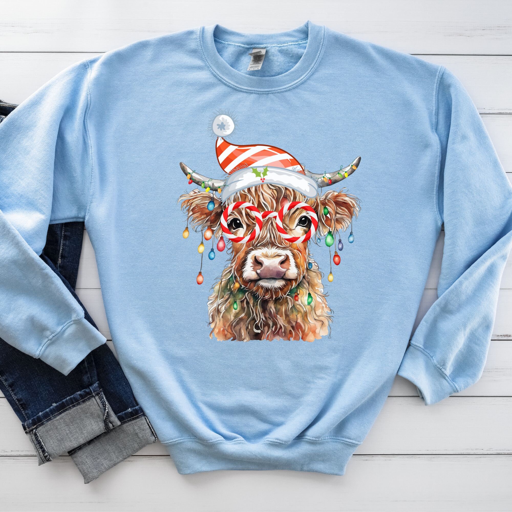 Sweatshirt Highland Cow Noël - Vache Des Highlands Avec Guirlandes, Cadeau Décontracté, Coupe Classique