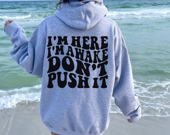 I&#39;m Here I&#39;m Awake Don&#39;t Push It Hoodie, VSCO Hoodie, Funny Sarcastic Hoodie, Funny School, Funny Office Shirt, Preppy Hoodie, Cute Hoodie