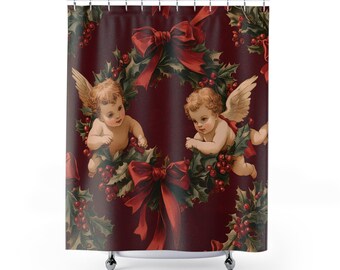 Cherubs Christmas Shower Curtain, Holiday Bathroom Decor