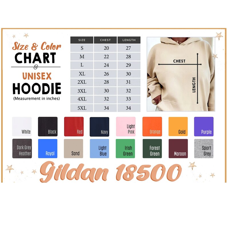 Może przedstawiać: Tabela rozmiar&oacute;w i kolor&oacute;w dla bluzy z kapturem unisex, z wymiarami w calach. Tabela zawiera rozmiary od S do 5XL, wymiary klatki piersiowej od 20 do 34 cali i długości od 27 do 34 cali. Opcje kolor&oacute;w: biały, czarny, czerwony, granatowy i inne.