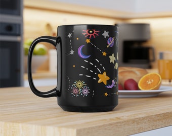 Mugs, Black Coffee Mug, Galaxy Mug, Shooting Star Mug, Outer Space Mug, Solar System Mug, Space Lover Gift, Planet Earth Astronaut Space