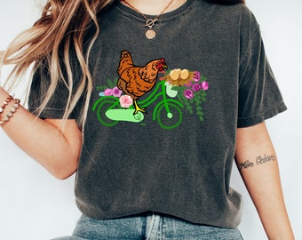 Comfort Colors®, Funny Chicken Shirt, Chicken Riding A Bike Shirt, Farm Girl T-Shirt, Cute Chicken Shirt For Playful Farmer, Chicken Coop T