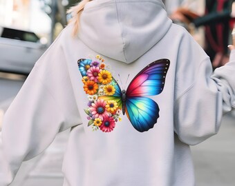 Floral Butterfly Hoodie, Botanical Print Sweatshirt