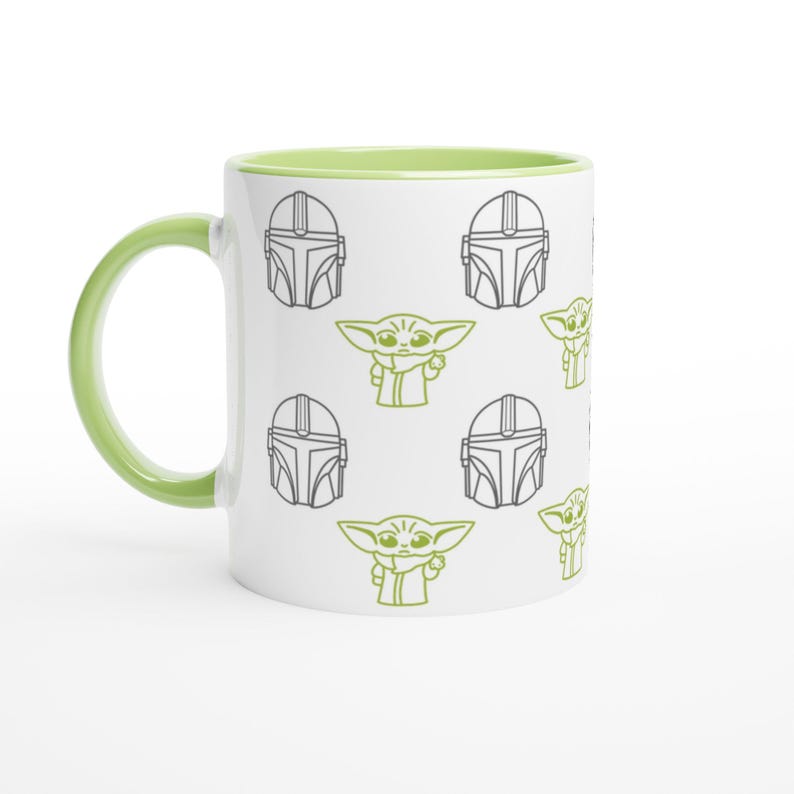 Mando and Grogu | White 11oz Ceramic Mug with Color Inside Ceramic Green image 1