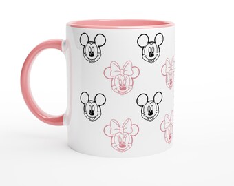 Mickey and Minnie Mouse (Disney) | White 11oz/325ml Ceramic Mug with Color Inside | Pink or Black