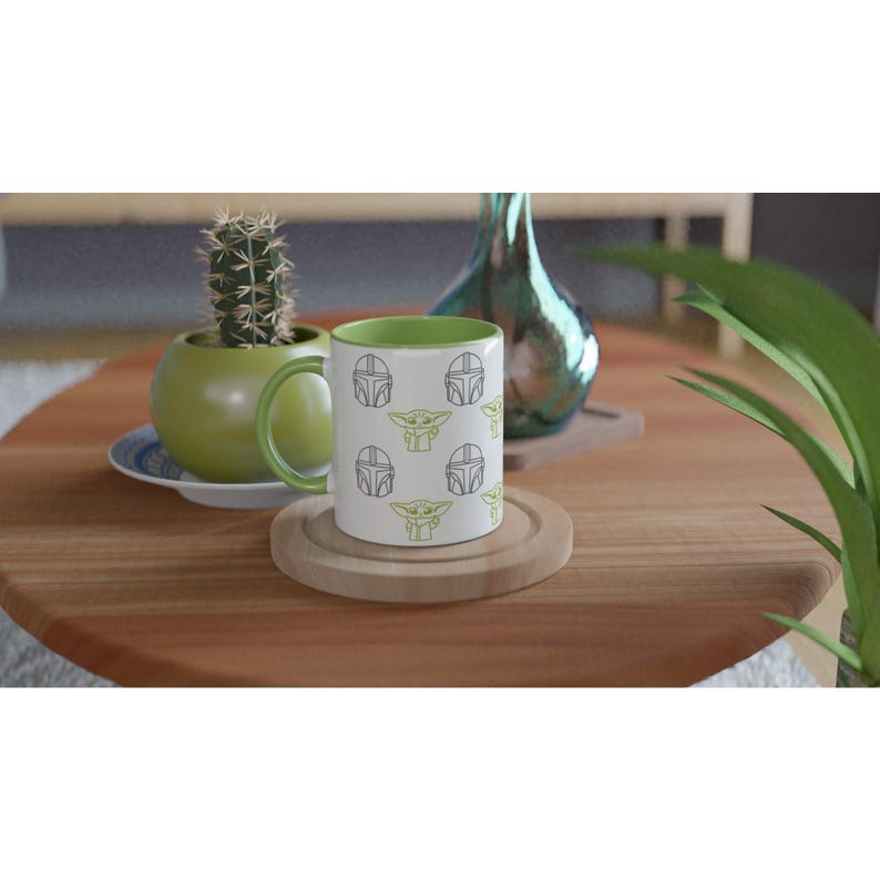 Mando and Grogu | White 11oz Ceramic Mug with Color Inside Ceramic Green image 3