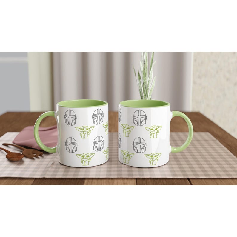 Mando and Grogu | White 11oz Ceramic Mug with Color Inside Ceramic Green image 2